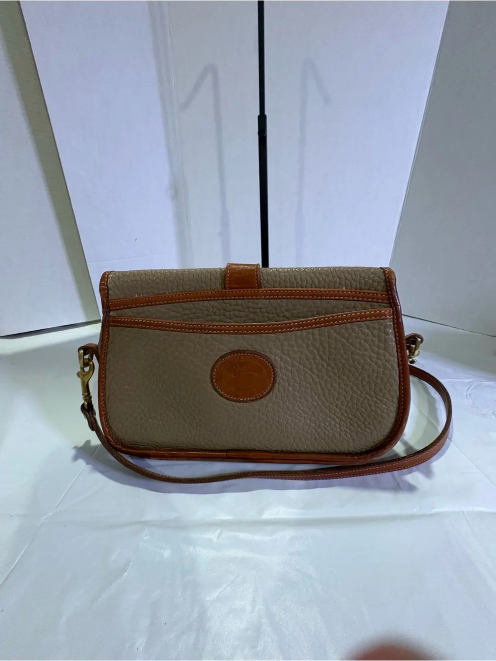 Vintage Dooney & Bourke Taupe Pebbled Leather Crossbody with Brown Trim